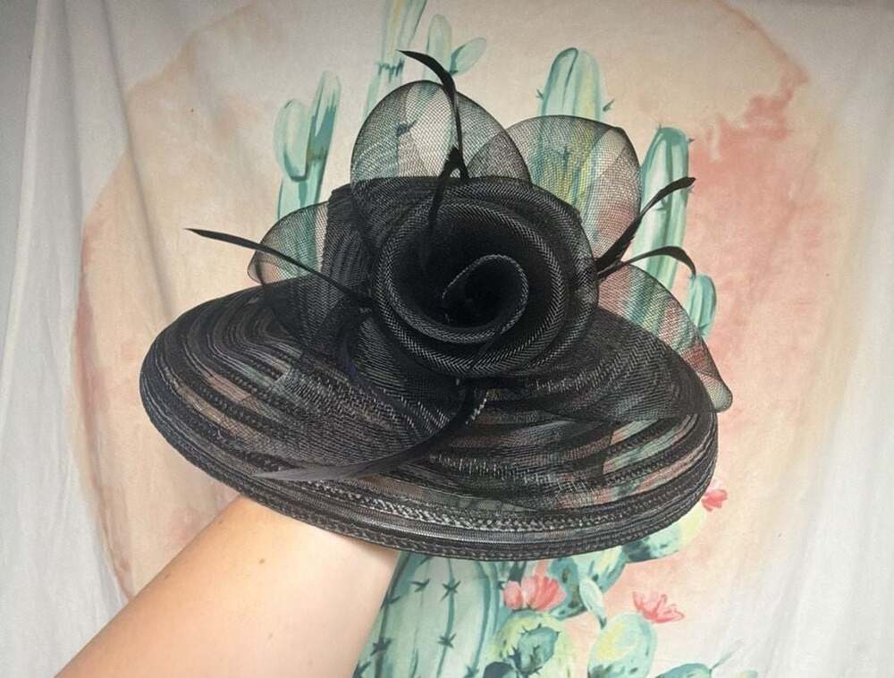 Bellissima Sheer Wide-Brim Church Wedding Derby Hat with Flower and Feather Acce